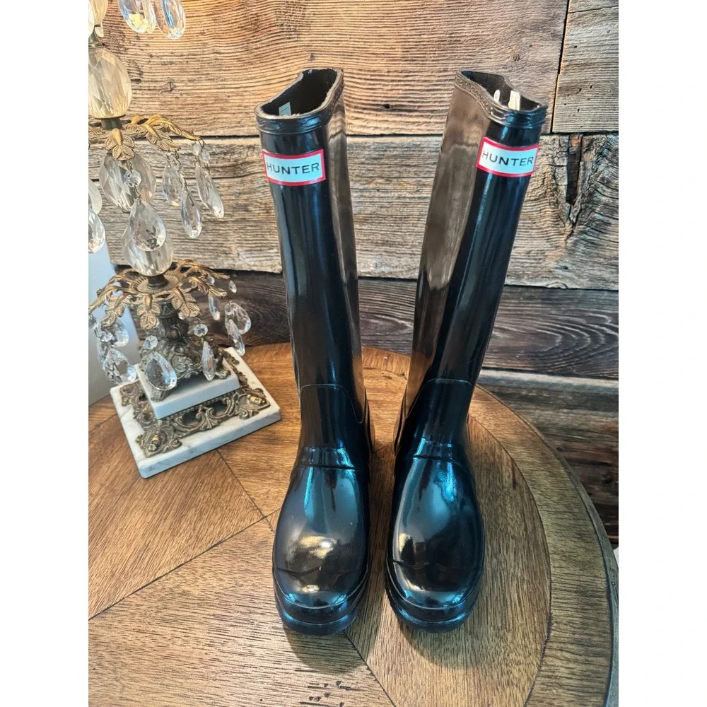 Hunter Original Tall Gloss Rain Boots Black Waterproof Rubber WFT1000RGL US 7F